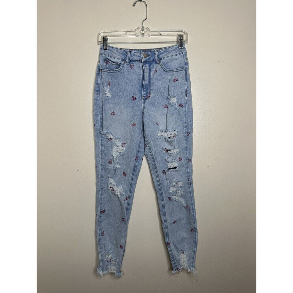 Tinseltown High Rise The Mom Jeans Embroidered Pizza Pattern Distressed Chewed - Picture 3 of 7